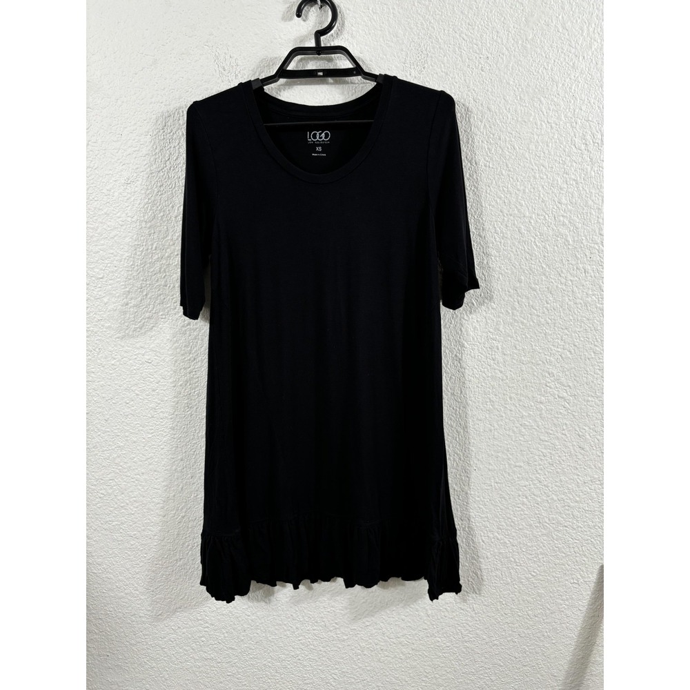 LOGO Lori Goldstein‎ Shirt Womens XS Black Tunic Ruffle Hem Short Sleeve Casual